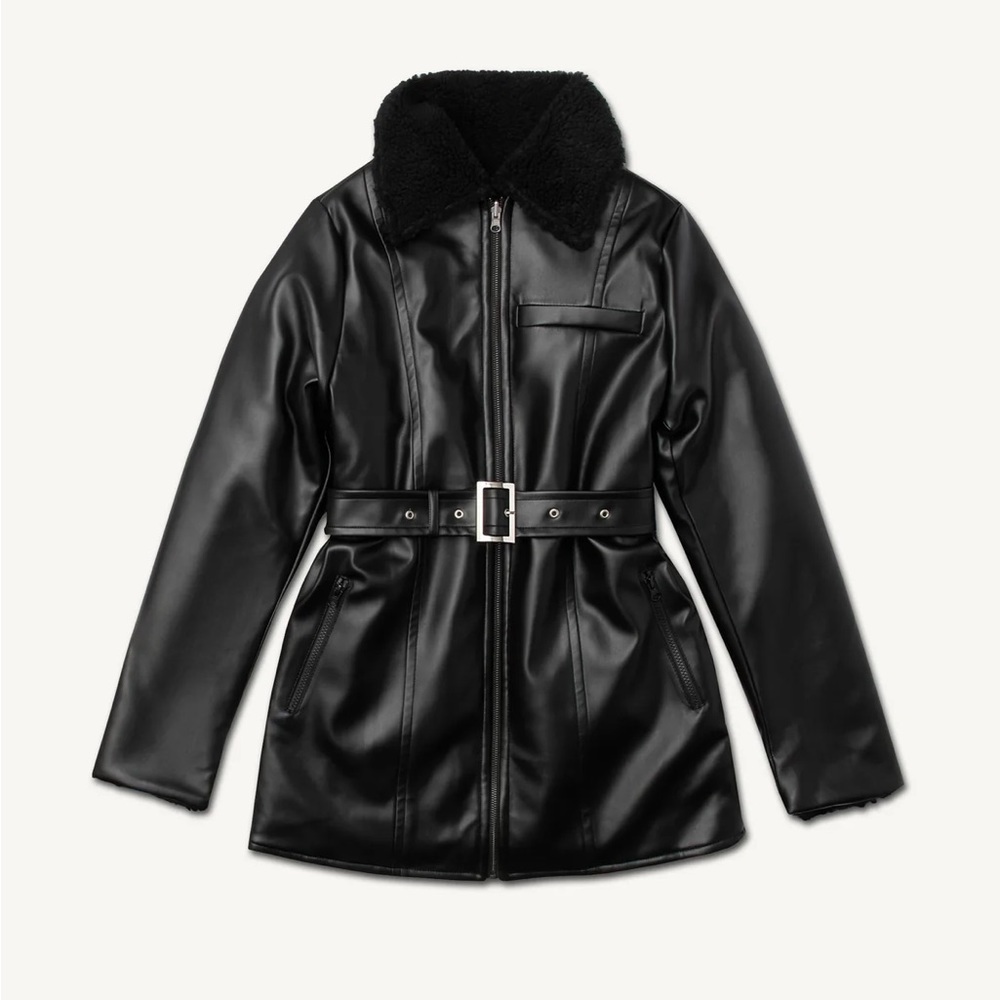 VEILED -Reversible Vegan Leather Sherpa Aviator Coat - Black - Picture 2 of 9